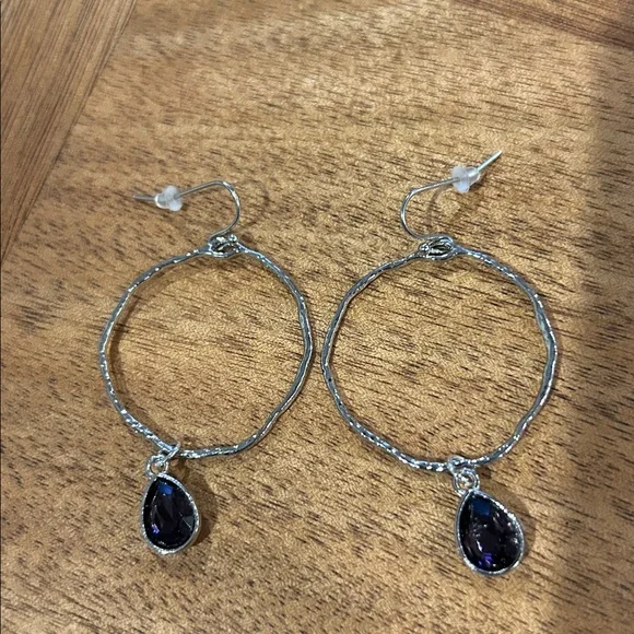 Purple -Textured Silver Hoop Drop Earrings Dark Purple Charm Formal Casual Chic - Picture 5 of 11